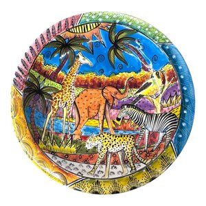Handmade & Painted Penzo Zimbabwe Safari Elephant Zebra Giraffe Ceramic Bowl 10"